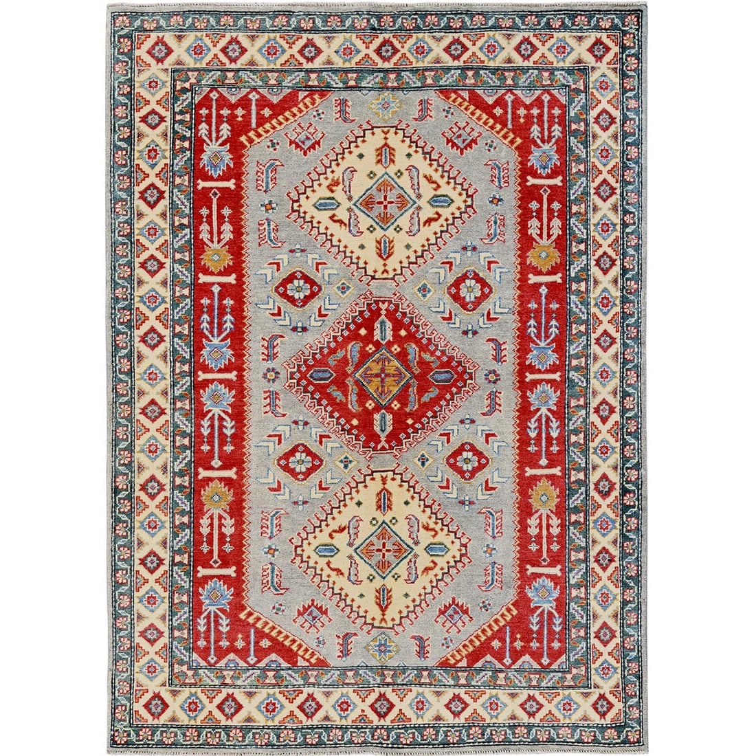 5'1"x7' Gray with Red Kazak Geometric Design Pure Wool Hand Knotted Rug: 5'1"x7' Gray with Red Kazak Geometric Design Pure Wool Hand Knotted Rug The 5'1"x7' Gray with Red Kazak Geometric Design Pure Wool Hand Knotted Rug boasts a striking geometric pattern in shades of gra