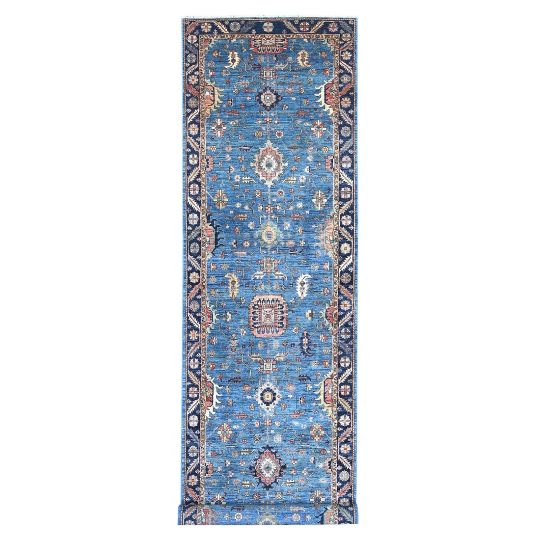4'4"x19' Blue Heris All Over Design Hand Knotted Wool Runner Oriental Rug: 4'4"x19' Blue Heris All Over Design Hand Knotted Wool Runner Oriental Rug Hand-knotted in Afghanistan, this stunning blue Heris all-over design wool runner rug boasts an intricate field color of blue 