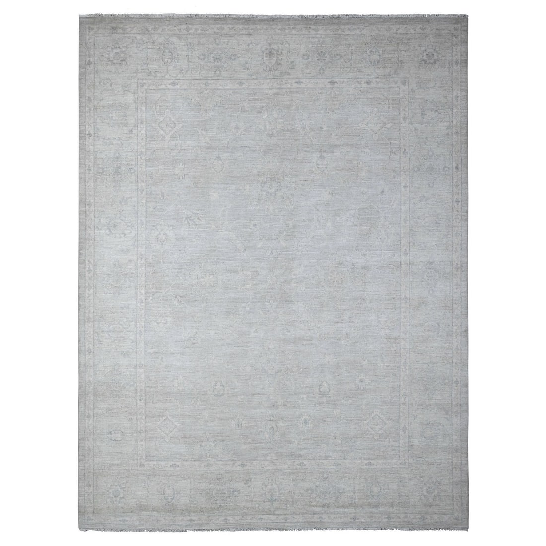 8'10"x11'6" Stardew Gray Hand Knotted Washed Out Peshawar Oriental Rug: 8'10"x11'6" Stardew Gray Hand Knotted Washed Out Peshawar Oriental Rug The Stardew Gray Hand Knotted Washed Out Peshawar Oriental Rug boasts a stunning rectangular field with intricate grey and ivory 