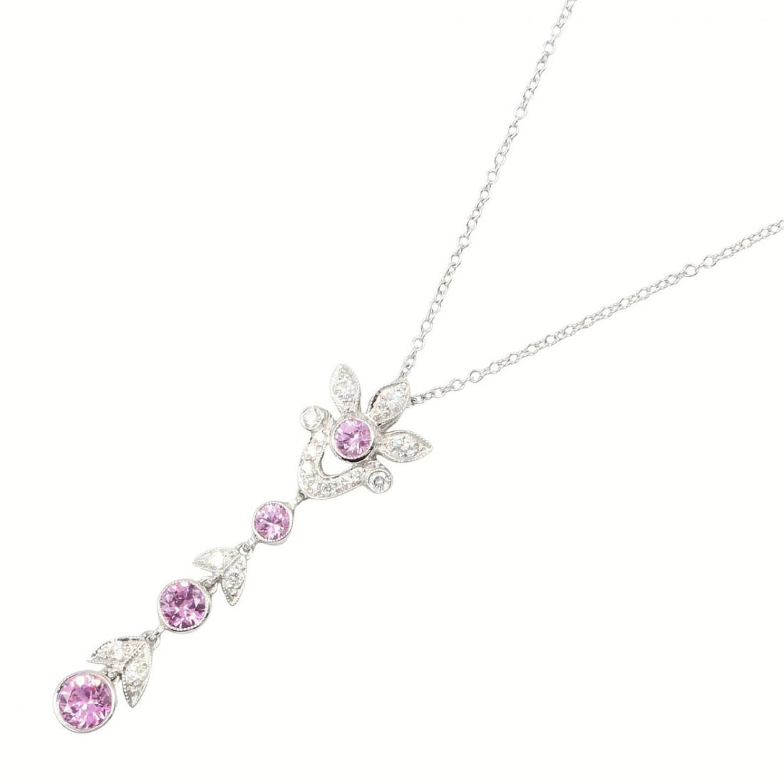 Pink Sapphire Diamond Tiffany & Co Necklace Pendant with Platinum Flower: Pink Sapphire Diamond Tiffany & Co Necklace Pendant with Platinum Flower Item Specifics: Pendant Shape: Flower Closure: Spring Ring Occasion: Anniversary Birthday Christening Christmas Confirmation/Co