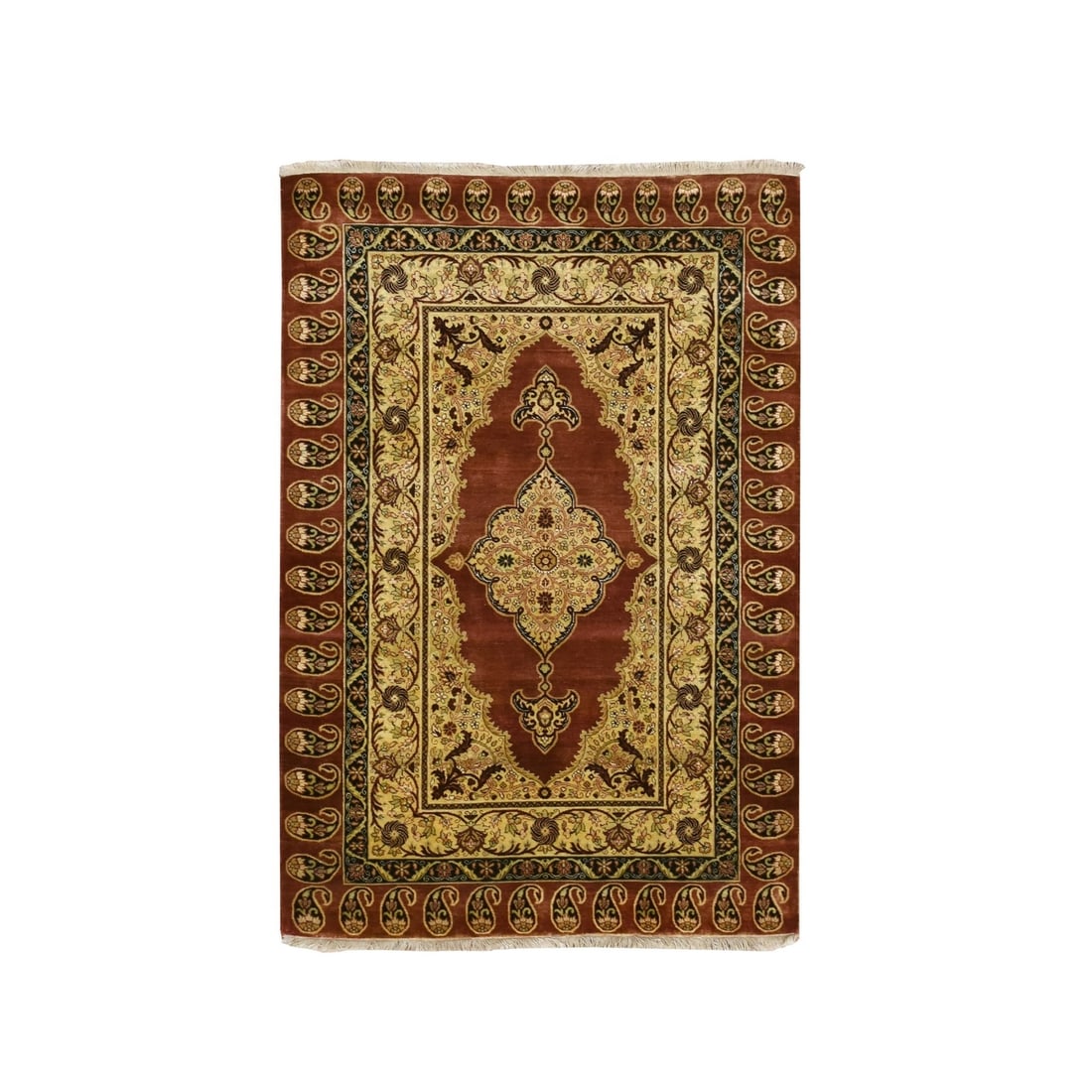 4'x6' Wine Red Pure Silk Tebraz Paisley Design Hand Knotted Oriental Rug: 4'x6' Wine Red Pure Silk Tebraz Paisley Design Hand Knotted Oriental Rug Silk and wool blend in perfect harmony, creating a stunning Tebraz-style paisley design on this 4'x6' hand-knotted Oriental rug