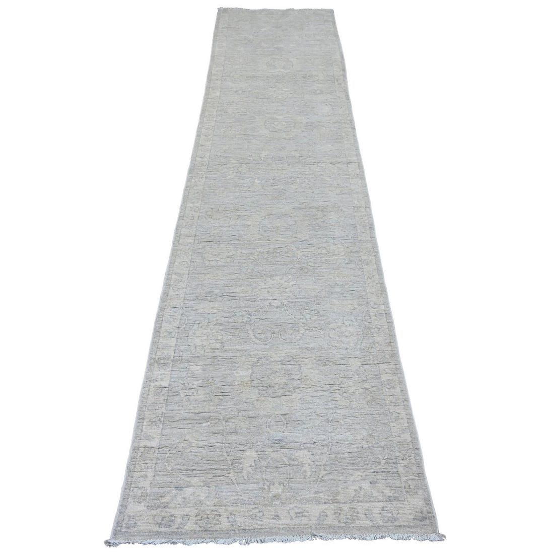 2'7"x11'9" Gray Washed Peshawar Leaf Design Wool Hand Knotted Runner Rug: 2'7"x11'9" Gray Washed Peshawar Leaf Design Wool Hand Knotted Runner Rug The Peshawar Leaf Design Wool Hand Knotted Runner Rug boasts a stunning grey wash design, characteristic of the traditional Afg