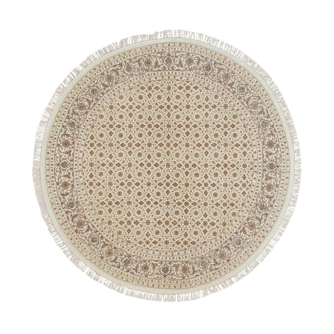 6'3"x6'3" Ivory 250 KPSI Wool Hand Knotted Herrita Design Round Rug: 6'3"x6'3" Ivory 250 KPSI Wool Hand Knotted Herrita Design Round Rug Hand-knotted in ivory wool, this stunning 6'3"x6'3" round rug boasts an intricate Herrita design. Made from high-quality cotton foun