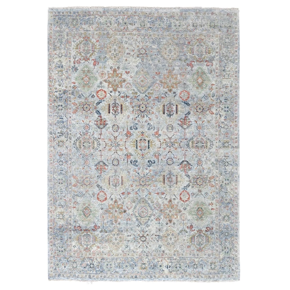 8'10"x11'9" Gray Antiqued Ziegler Mahal Design Pure Wool Hand Knotted Rug: 8'10"x11'9" Gray Antiqued Ziegler Mahal Design Pure Wool Hand Knotted Rug The Zoroastrian-inspired design in gray and orange hues creates a unique and captivating visual effect on the rectangular fiel