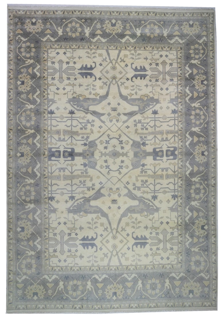Handmade Oversized Floral Oushak Rug Muted Cream Taupe Oriental Carpet 12X18 Ft Hand-Knotted: Handmade Oversized Floral Oushak Rug Muted Cream Taupe Oriental Carpet 12X18 Ft Hand-Knotted Hand-knotted in wool and cotton, this oversized floral oushak rug boasts a stunning modern design with mute