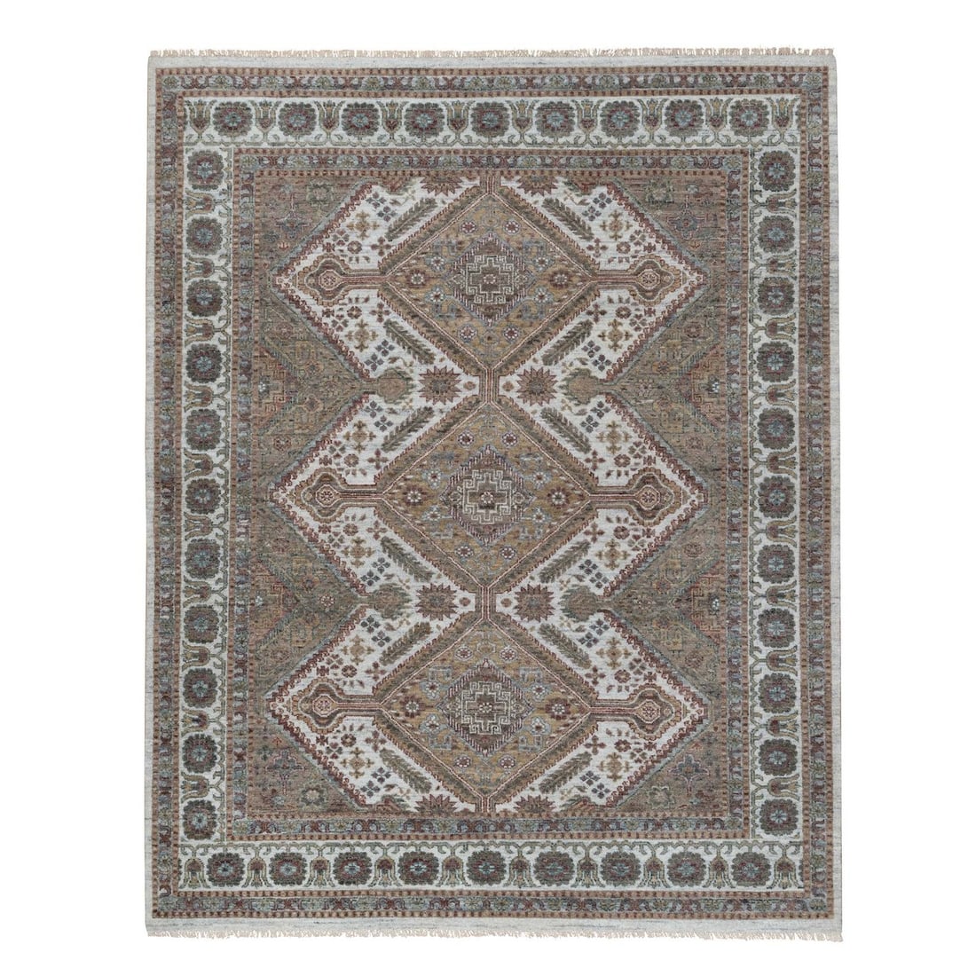Unique flower rosettes border design hand knotted ivory wool rug (1 of 11)