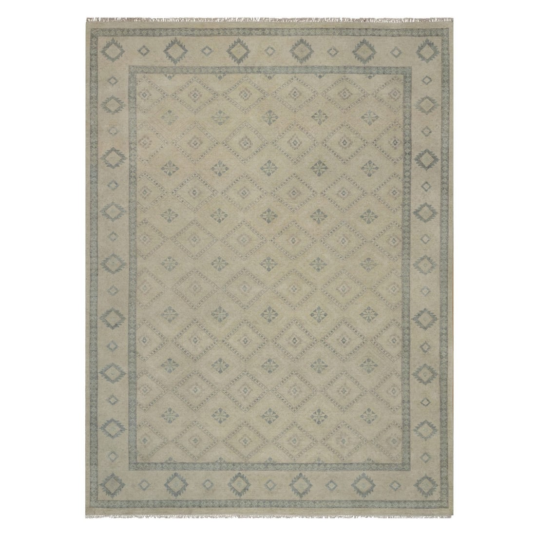 9'x12' Ivory Zero Pile Box Design Tribal with MotifHand Knotted Wool Rug (1 of 11)