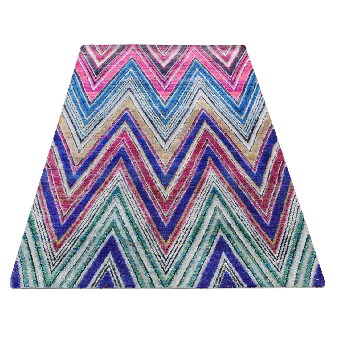 4'x6'2" Hot Pink Hand Knotted Chevron Design Silk with Wool Rug: 4'x6'2" Hot Pink Hand Knotted Chevron Design Silk with Wool Rug Hand-knotted in luxurious wool and silk, this vibrant hot pink chevron design rug boasts an eye-catching rectangular field with no borde