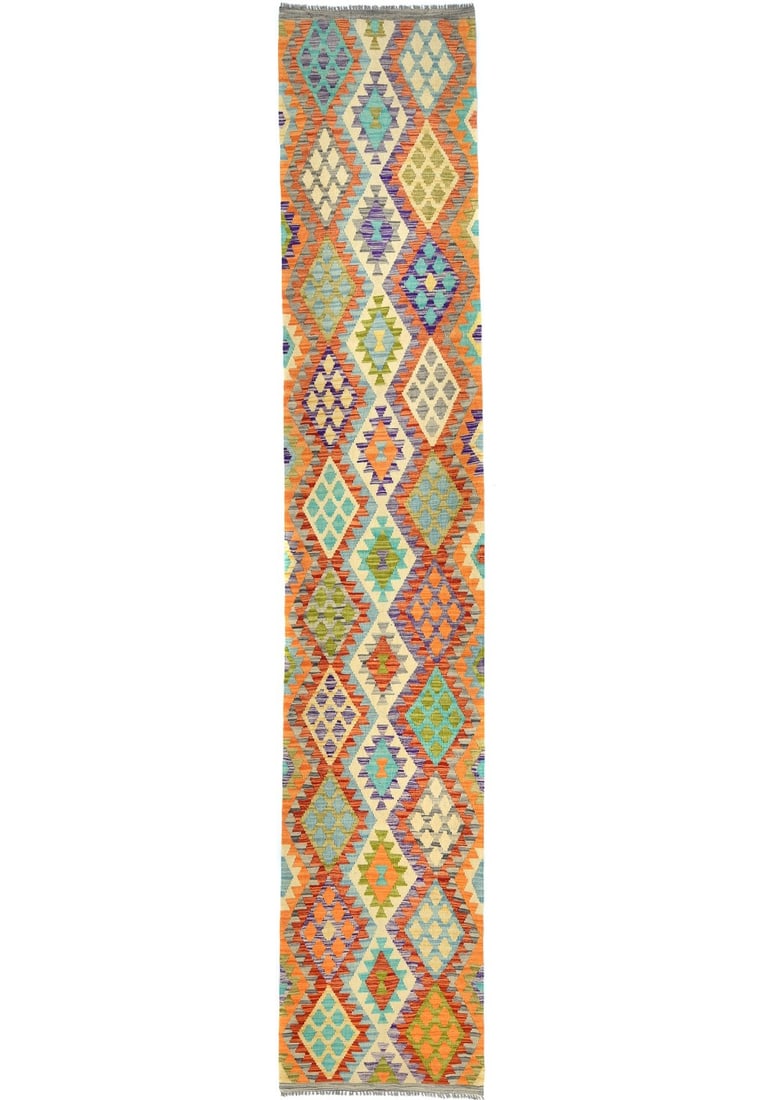 2'8 X 12'7 Multicolored Reversible Kilim Oriental Runner Rug Carpet 3X13 Ft Hand-Knotted: 2'8 X 12'7 Multicolored Reversible Kilim Oriental Runner Rug Carpet 3X13 Ft Hand-Knotted Hand-knotted in wool, this vibrant multicolored reversible kilim features a modern geometric pattern and tribal