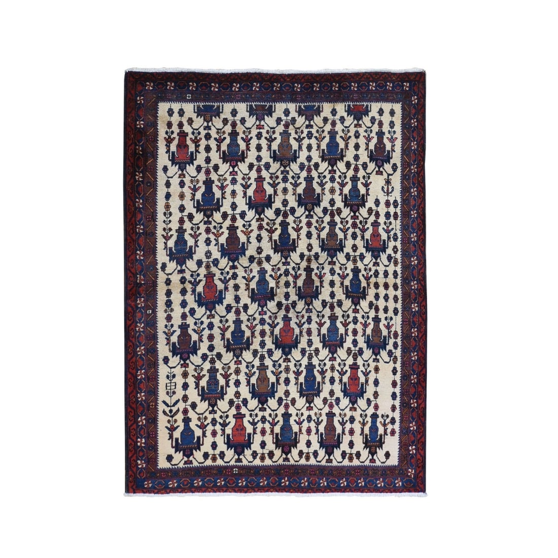 4'10"x7' Old North West Farsian All Over Vase Design Wool Hand Made Rug: 4'10"x7' Old North West Farsian All Over Vase Design Wool Hand Made Rug Hand-knotted in wool, this stunning 4'10"x7' Old North West Farsian All Over Vase Design rug boasts a rich ivory color and intri