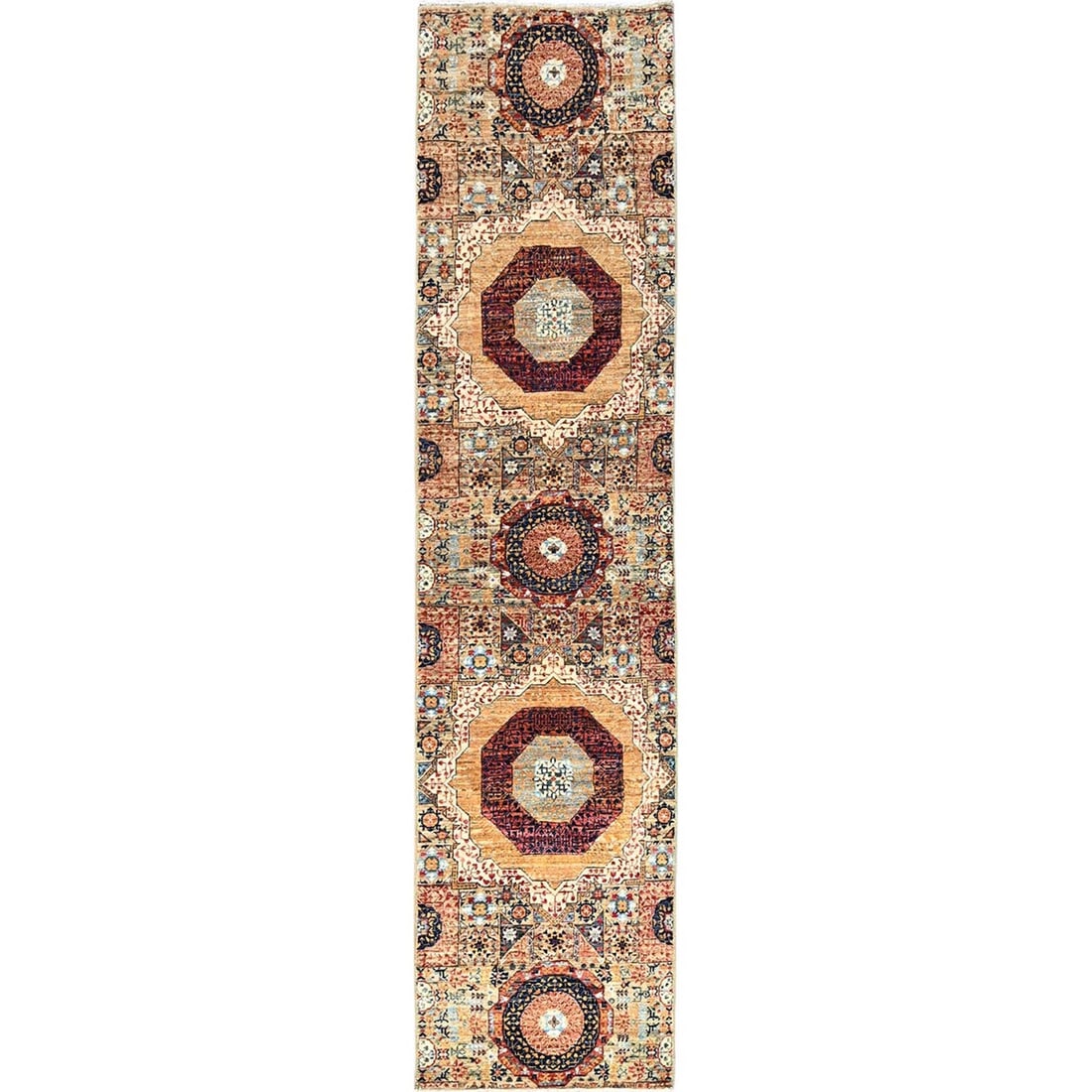 2'5"x10'3" White Mamluk Design Soft Wool Hand Knotted Runner Oriental Rug: 2'5"x10'3" White Mamluk Design Soft Wool Hand Knotted Runner Oriental Rug Softly glowing ivory hues and intricate Mamluk design patterns adorn this stunning hand-knotted wool runner, crafted with trad
