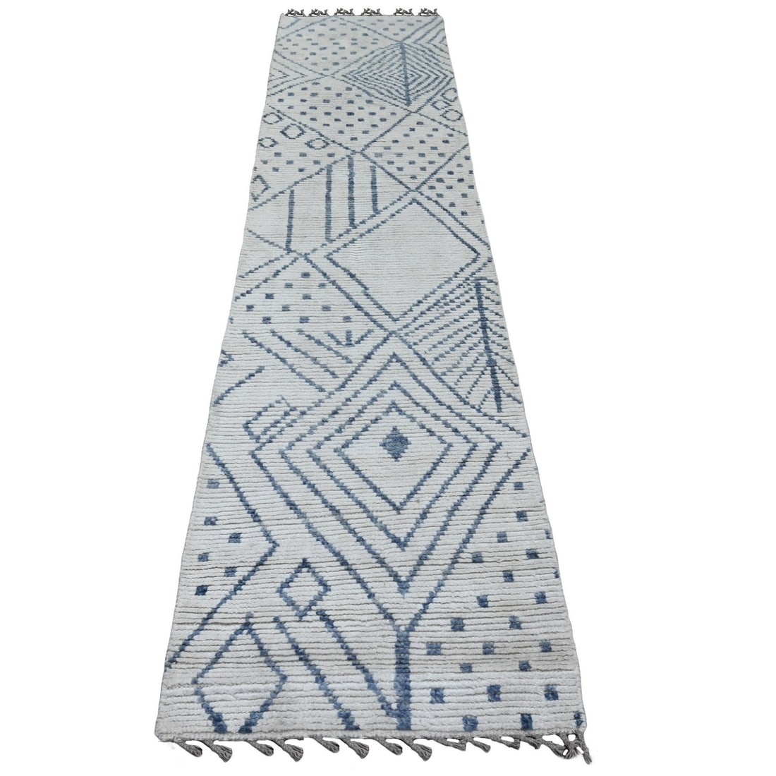 2'5"x10'6" White Geometric Moroccan Weave Wool Hand Knotted Runner Rug: 2'5"x10'6" White Geometric Moroccan Weave Wool Hand Knotted Runner Rug This stunning Moroccan weave wool hand-knotted runner rug boasts an ivory color and striking geometric pattern, measuring 2'5" x 
