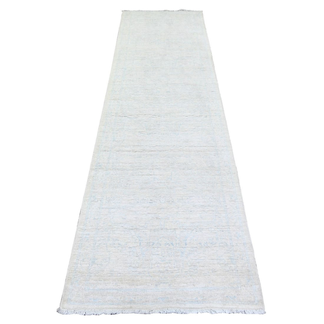 2'8"x9'7" White Wash Peshawar Wool Hand Knotted Oriental Rug: 2'8"x9'7" White Wash Peshawar Wool Hand Knotted Oriental Rug This stunning White Wash Peshawar Wool Hand Knotted Oriental Rug boasts an elegant ivory color and intricate regional design, showcasing th