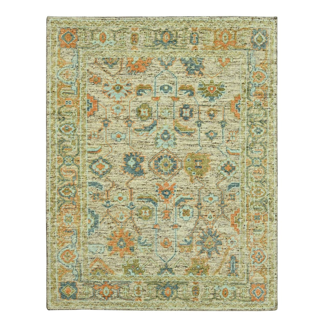 8'x10' Tan Brown Hand Knotted Oushak with Exposed Warps Distressed Wool: 8'x10' Tan Brown Hand Knotted Oushak with Exposed Warps Distressed Wool Tan Brown Hand Knotted Oushak with Exposed Warps Distressed Wool. This 8'x10' rectangular rug boasts an all-over regional design