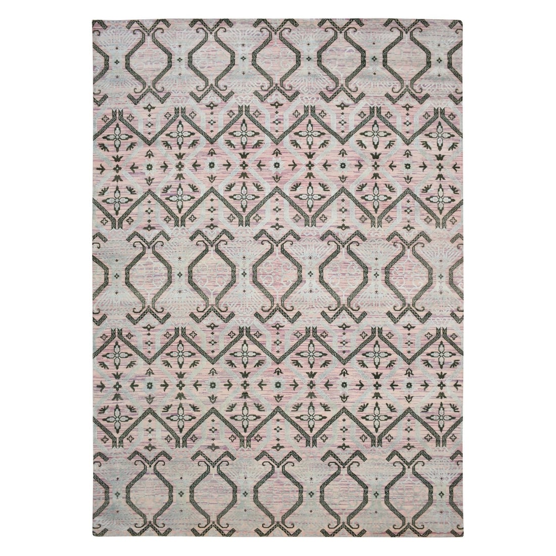 10'x14'2" Rose Pink Ikat Design Wool and Silk Hand Knotted Geometric Rug: 10'x14'2" Rose Pink Ikat Design Wool and Silk Hand Knotted Geometric Rug A stunning 10'x14'2" Rose Pink Ikat Design Wool and Silk Hand Knotted Geometric Rug, boasting an intricate geometric pattern in