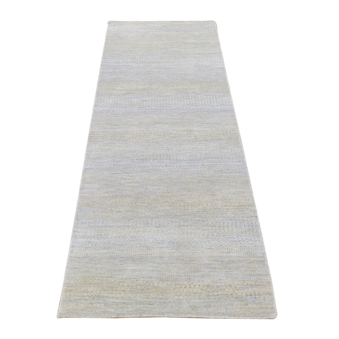2'8"x9'1" Gray Modern Grass Design Hand Knotted Wool and Silk Runner Rug: 2'8"x9'1" Gray Modern Grass Design Hand Knotted Wool and Silk Runner Rug Modern Gray Hand-Knotted Wool and Silk Runner Rug. This 2'8"x9'1" gray field rug features an Oriental design, woven in hand-kno