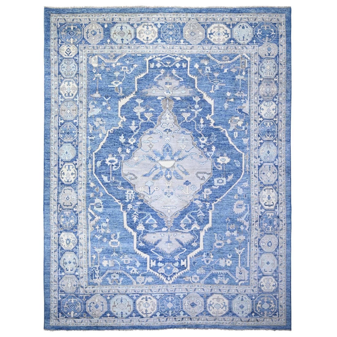 11'10"x15'1" Steel Blue Anatolian Village Inspired Wool Hand Knotted Rug: 11'10"x15'1" Steel Blue Anatolian Village Inspired Wool Hand Knotted Rug Steel blue Anatolian village-inspired wool hand-knotted rug boasts a rectangular field design with intricate patterns, set agai