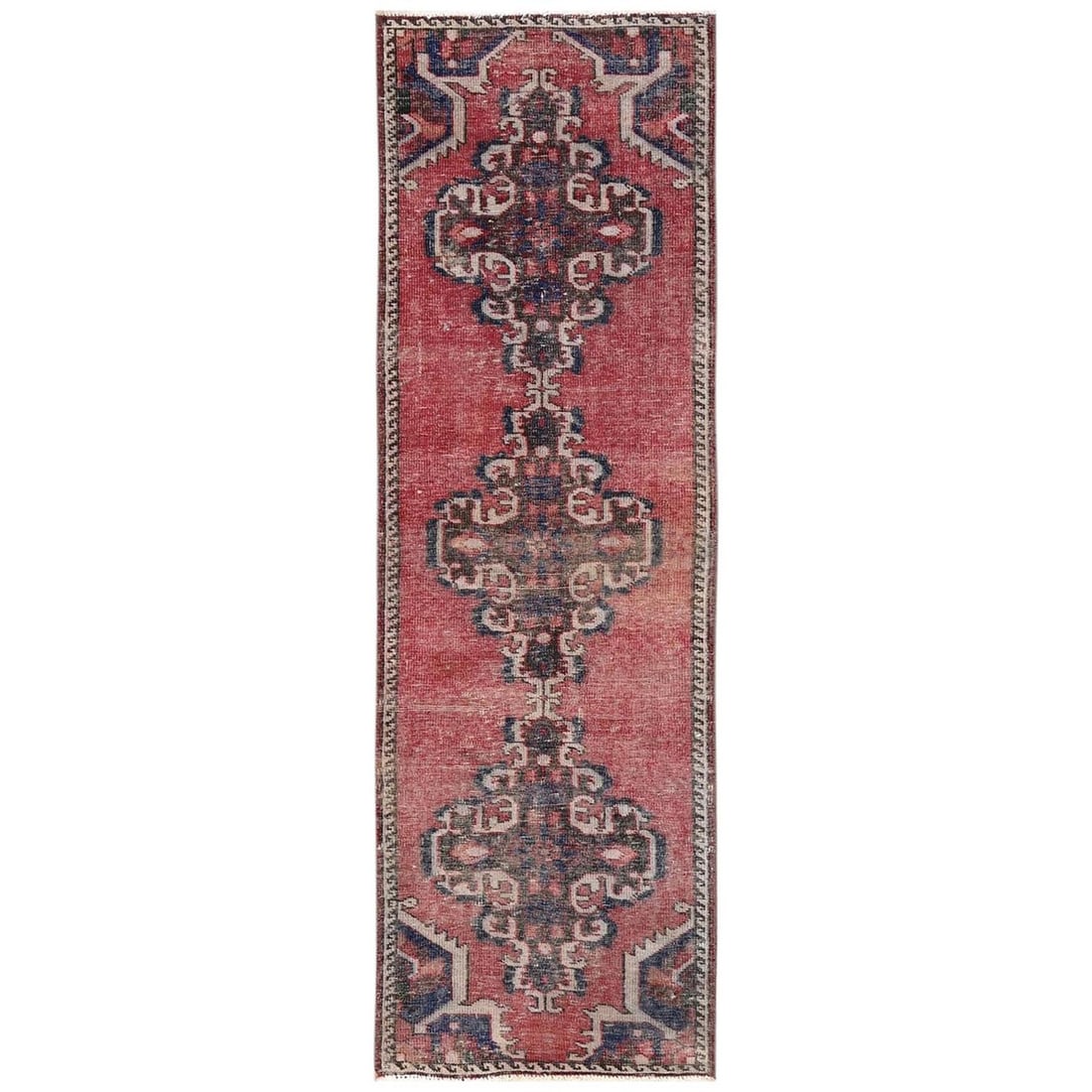 2'6"x8'6" Red Vintage Zoroastrian Pure Wool Hand Knotted Narrow Runner Rug: 2'6"x8'6" Red Vintage Zoroastrian Pure Wool Hand Knotted Narrow Runner Rug The 2'6"x8'6" Red Vintage Zoroastrian Pure Wool Hand Knotted Narrow Runner Rug boasts a striking medallion pattern in rich re