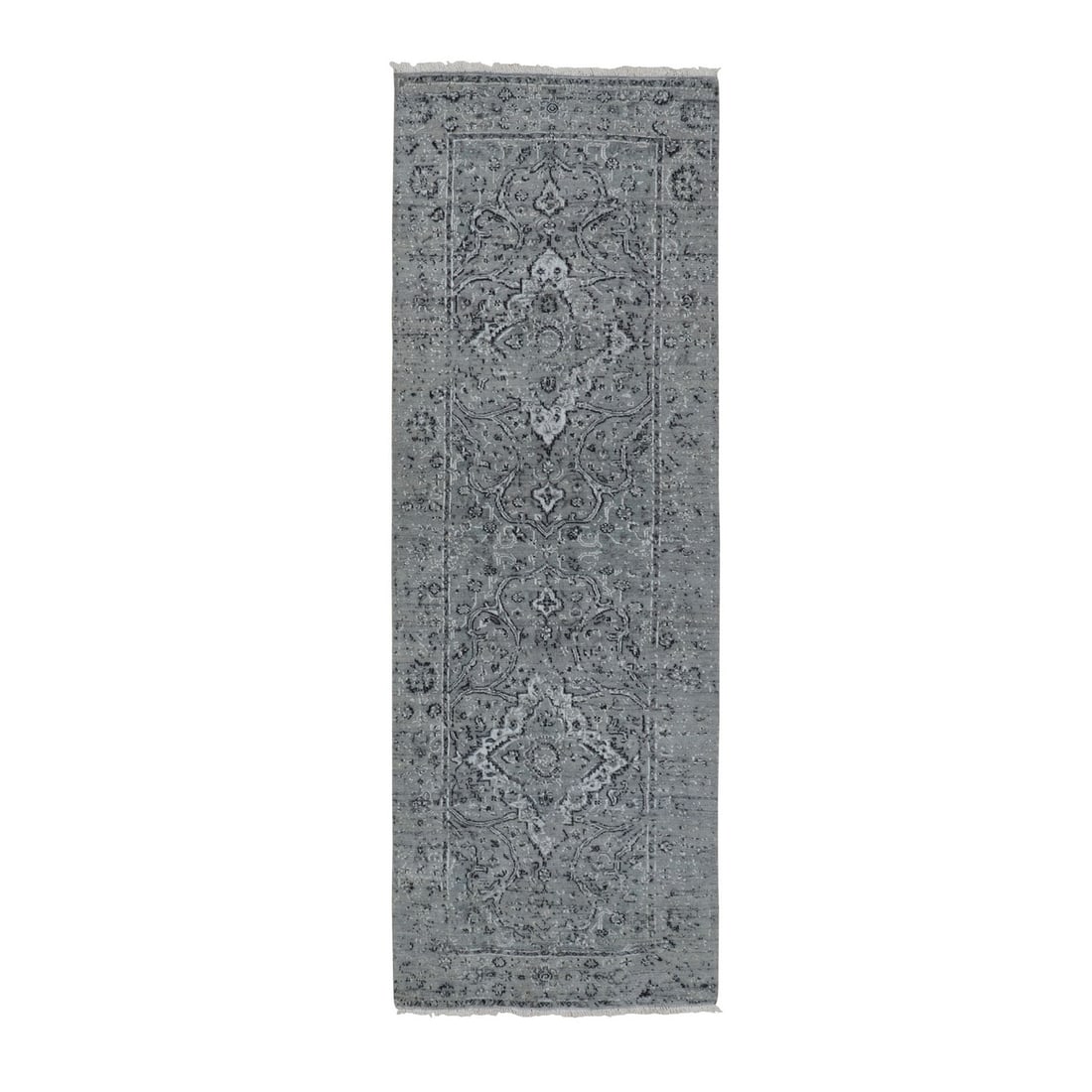 2'10"x8' Farsian Silk With Textured Wool Hand Knotted Oriental Rug: 2'10"x8' Farsian Silk With Textured Wool Hand Knotted Oriental Rug The 2'10"x8' Farsian Silk With Textured Wool Hand Knotted Oriental Rug boasts an impressive size and striking grey field color, makin