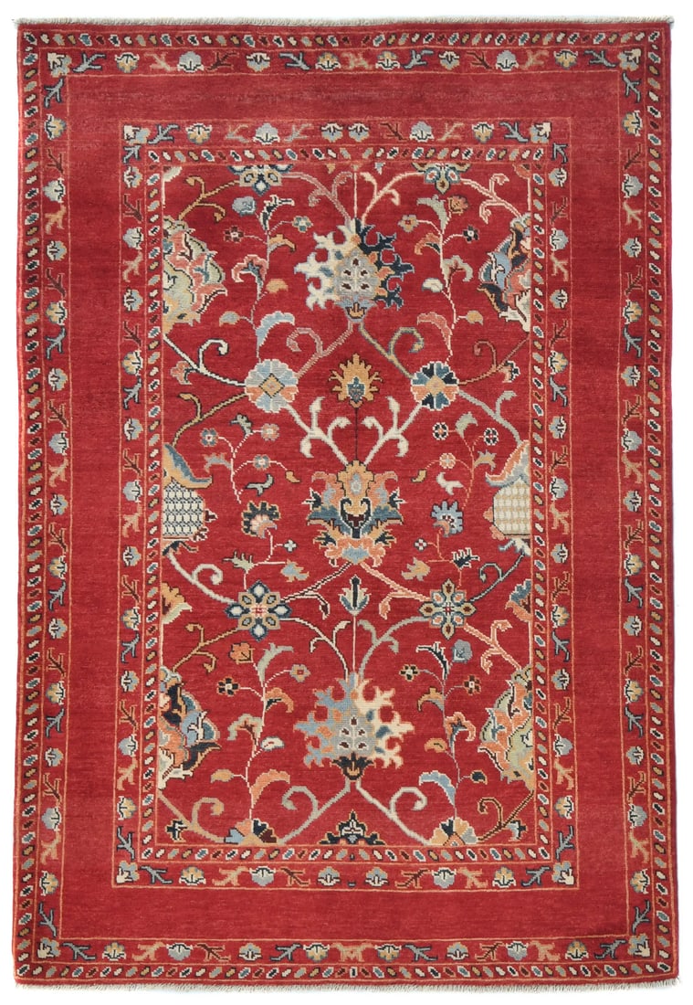Floral Modern Design Kazak Oushak Rug 4X6 Ft Handmade Pakistan Oriental Carpet Hand-Knotted: Floral Modern Design Kazak Oushak Rug 4X6 Ft Handmade Pakistan Oriental Carpet Hand-Knotted Hand-knotted in wool, this 4x6 ft Floral Modern Design Kazak Oushak rug boasts a vibrant color palette featu