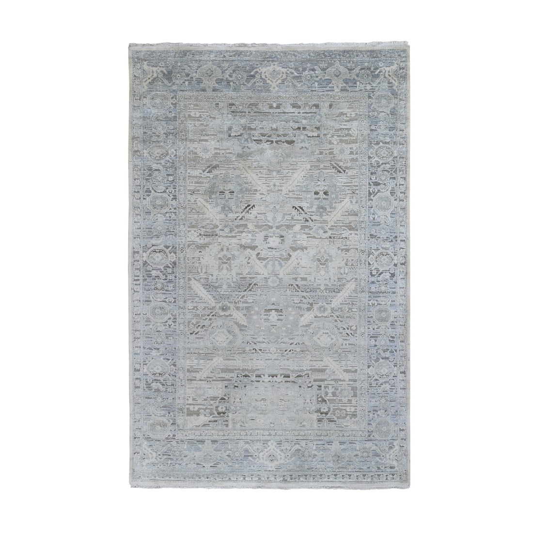 6'x9'5" Gray Pure Silk & Textured Wool Oushak Geometric Motif Rug: 6'x9'5" Gray Pure Silk & Textured Wool Oushak Geometric Motif Rug This stunning 6'x9.5' Gray Pure Silk & Textured Wool Oushak Geometric Motif Rug boasts an intricate geometric pattern, showcasing the 