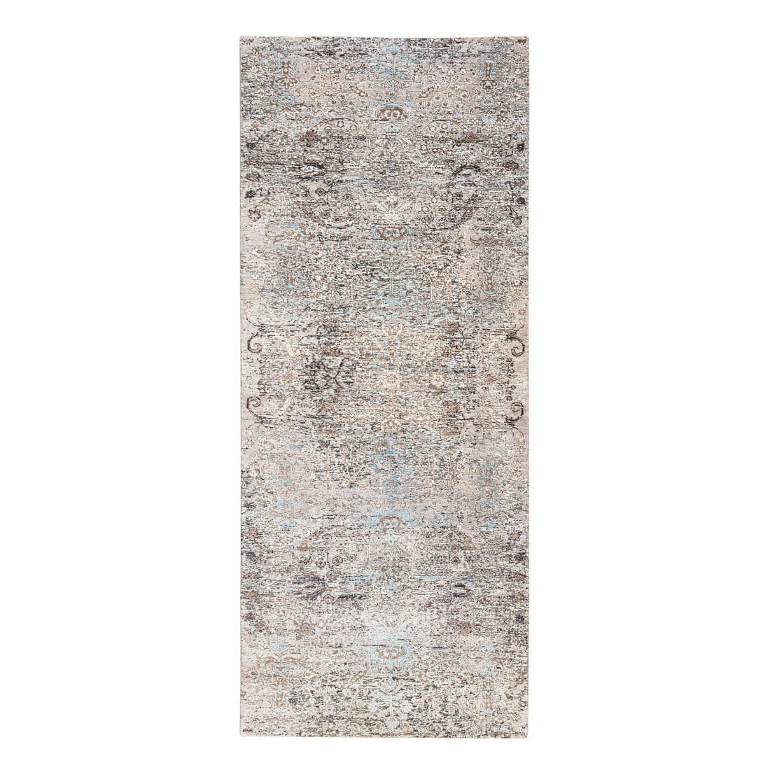 4'x10' Gray Transitional Farsian Silk/ Wool Hand Knotted Wide Runner Rug: 4'x10' Gray Transitional Farsian Silk/ Wool Hand Knotted Wide Runner Rug The 4'x10' Gray Transitional Farsian Silk/Wool Hand Knotted Wide Runner Rug boasts a stunning grey color and intricate hand-kno