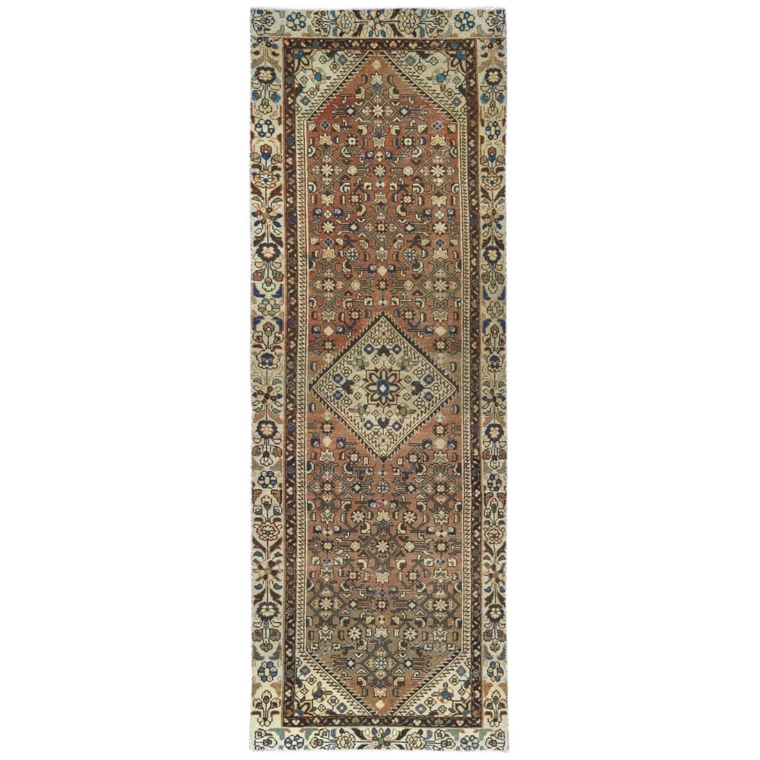 3'4"x10' Brown Vintage Farsian Amadan Pure Wool Hand Knotted Runner Rug: 3'4"x10' Brown Vintage Farsian Amadan Pure Wool Hand Knotted Runner Rug This stunning 3'4"x10' Brown Vintage Farsian Amadan Pure Wool Hand Knotted Runner Rug boasts an impressive size and rich, earthy