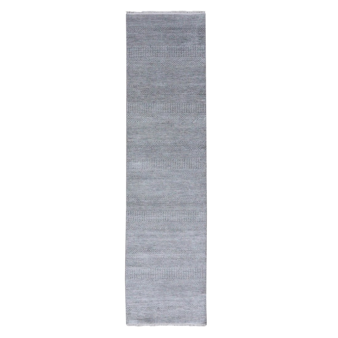 2'7"x10' Gray Wool and Silk Hand Knotted Modern Grass Design Runner Rug: 2'7"x10' Gray Wool and Silk Hand Knotted Modern Grass Design Runner Rug Hand-knotted in wool and silk, this modern gray runner rug boasts an intricate grass design in a subtle field of dark gray. Meas