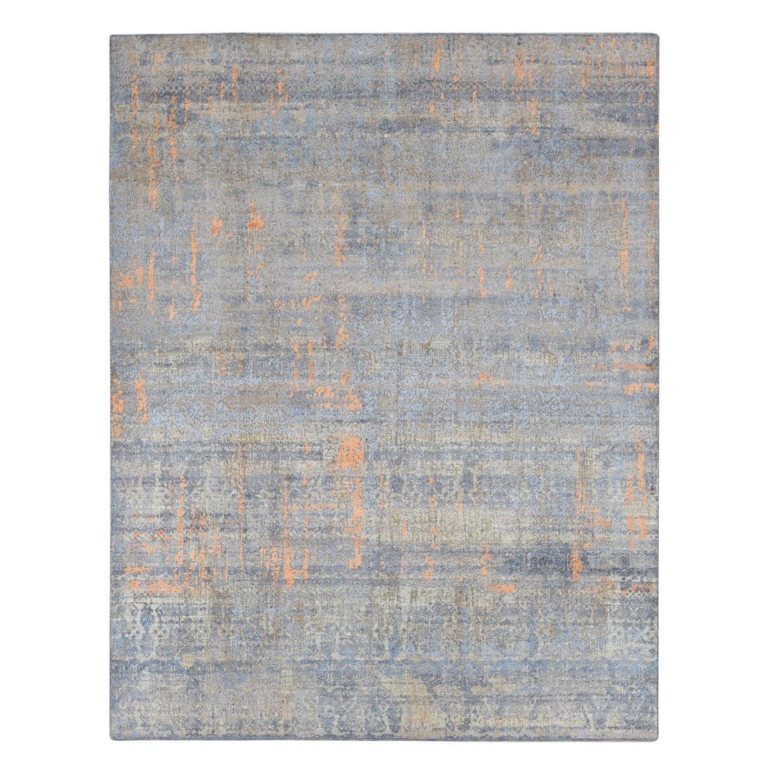 8'x10' Sky Blue Silk with Wool Modern Design Hand Knotted Rug: 8'x10' Sky Blue Silk with Wool Modern Design Hand Knotted Rug 100% Wool Sky Blue Silk with Modern Design, measuring 120" x 96". This hand-knotted rug boasts a stunning blue color and unique modern des