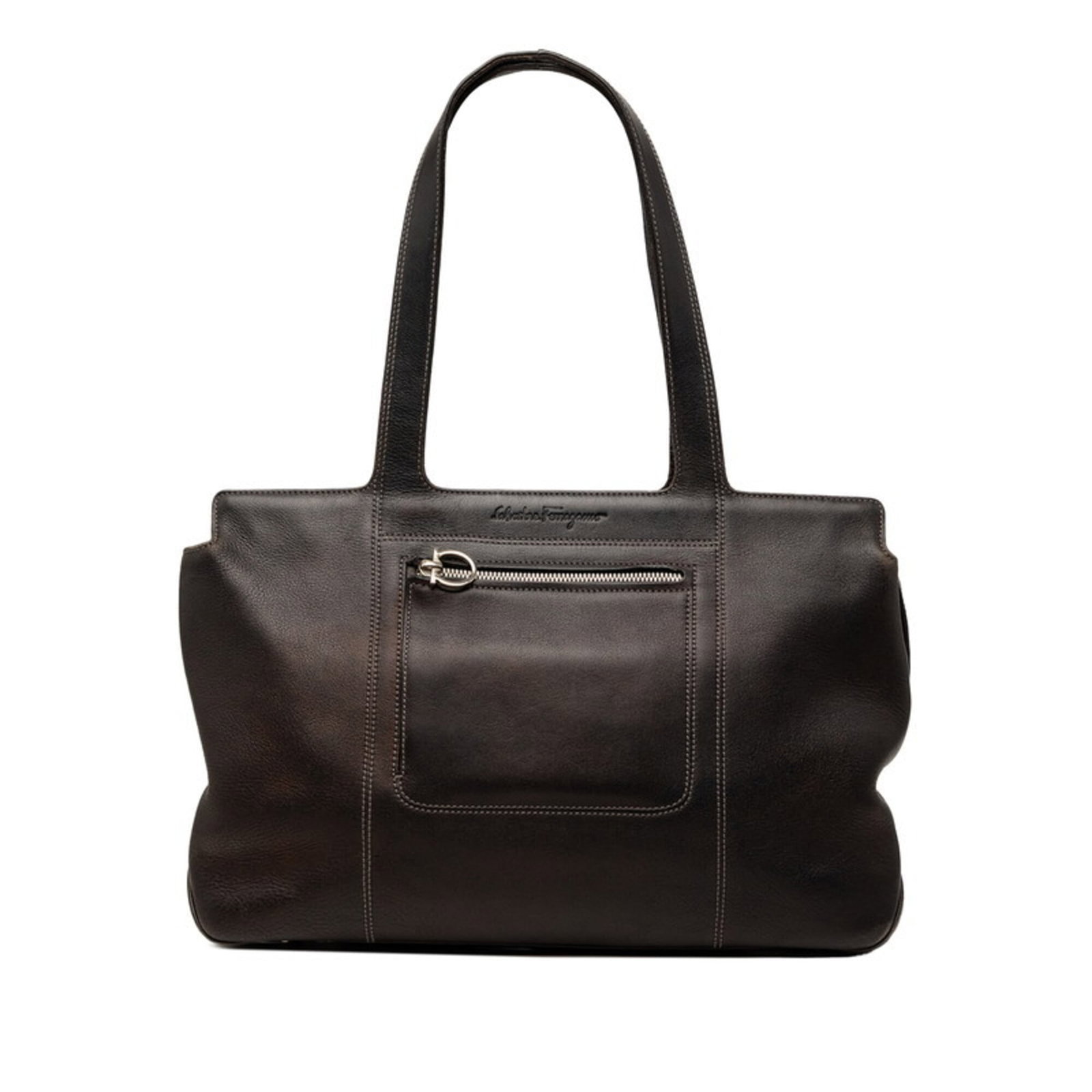 Ferragamo Salvatore Shoulder Bag Leather Tote: Ferragamo Salvatore Shoulder Bag Leather Tote This luxurious leather tote bag features the iconic Salvatore Ferragamo brand, crafted from high-quality brown leather. Measuring 24cm x 37cm x 9cm, it of