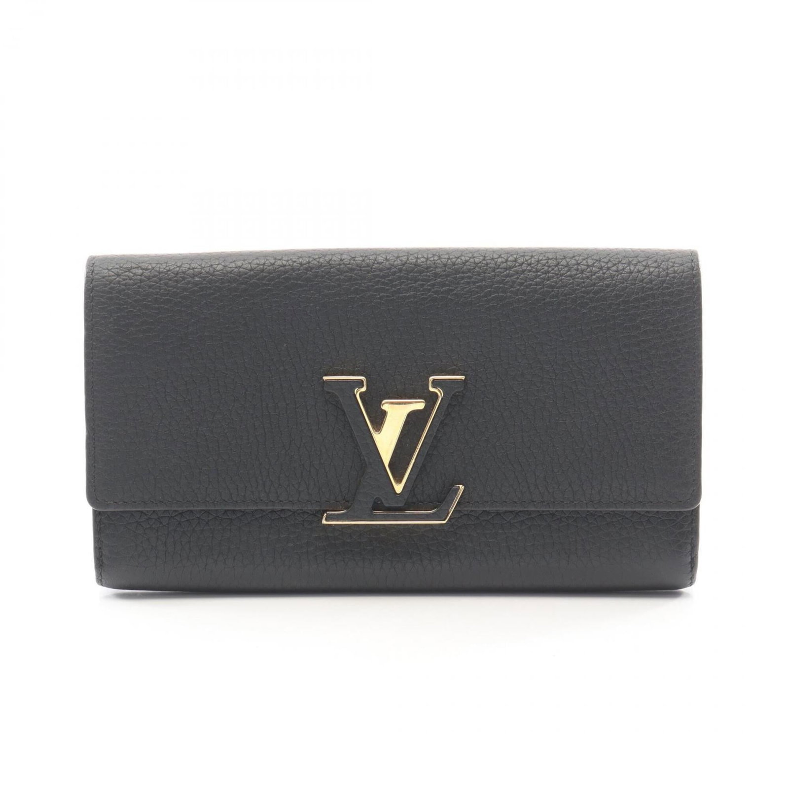 Louis Vuitton Long Wallet (Bi-Fold) Leather: Louis Vuitton Long Wallet (Bi-Fold) Leather Black leather bi-fold wallet from Louis Vuitton, measuring 10.5cm x 20cm x 2.5cm, featuring a classic design with clean lines and elegant proportions. The