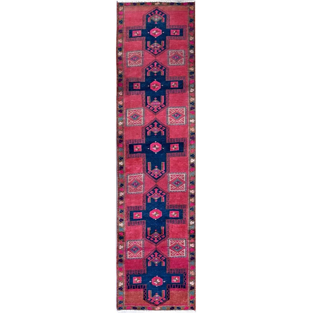 2'5"x9'10" Overdyed Pink Northwest Zoroastrian Wool Hand Knotted Runner Rug: 2'5"x9'10" Overdyed Pink Northwest Zoroastrian Wool Hand Knotted Runner Rug Hand-knotted in traditional Turkish techniques, this stunning pink Zoroastrian wool runner rug boasts an intricate geometric