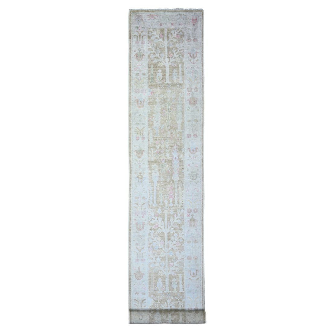 2'9"x19' Faded Brown Afghan Angora Oushak Wool Hand Knotted Runner Rug: 2'9"x19' Faded Brown Afghan Angora Oushak Wool Hand Knotted Runner Rug The Oushak rug boasts an elegant, faded brown color and intricate wool design. Hand-knotted with exceptional craftsmanship, its 1