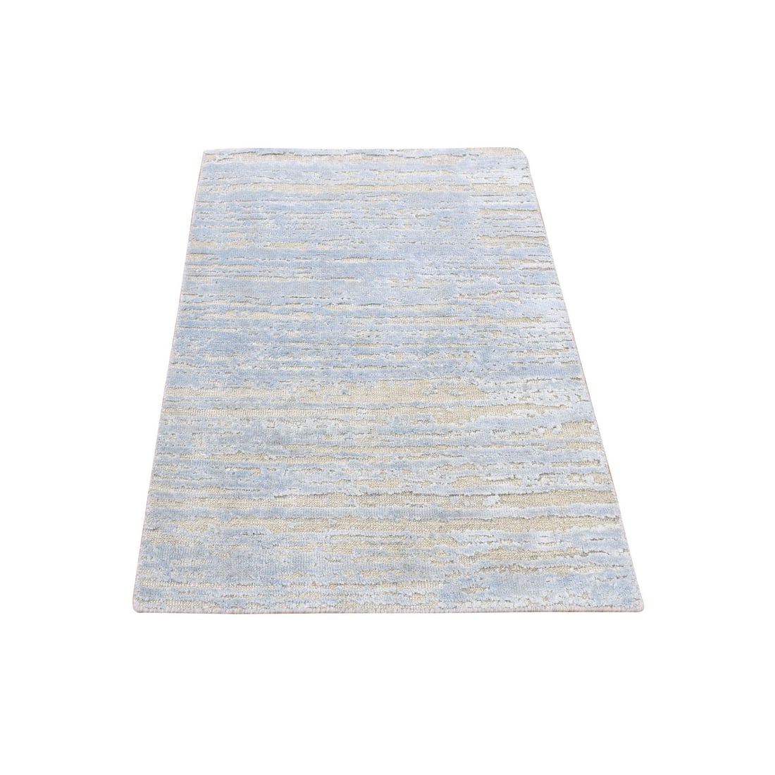 2'x3' Blue Wool and Silk Modern Line Design Hand Knotted Sample Mat Rug (1 of 6)