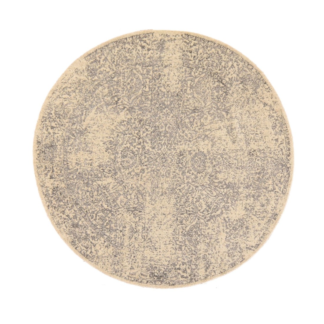 6'x6' Beige-Gray Erased Design Fine Jacquard Hand Loomed Wool and Silk Round: 6'x6' Beige-Gray Erased Design Fine Jacquard Hand Loomed Wool and Silk Round Modern and elegant, this 6'x6' beige-gray fine Jacquard hand loomed wool and silk round rug boasts an all-over oriental des