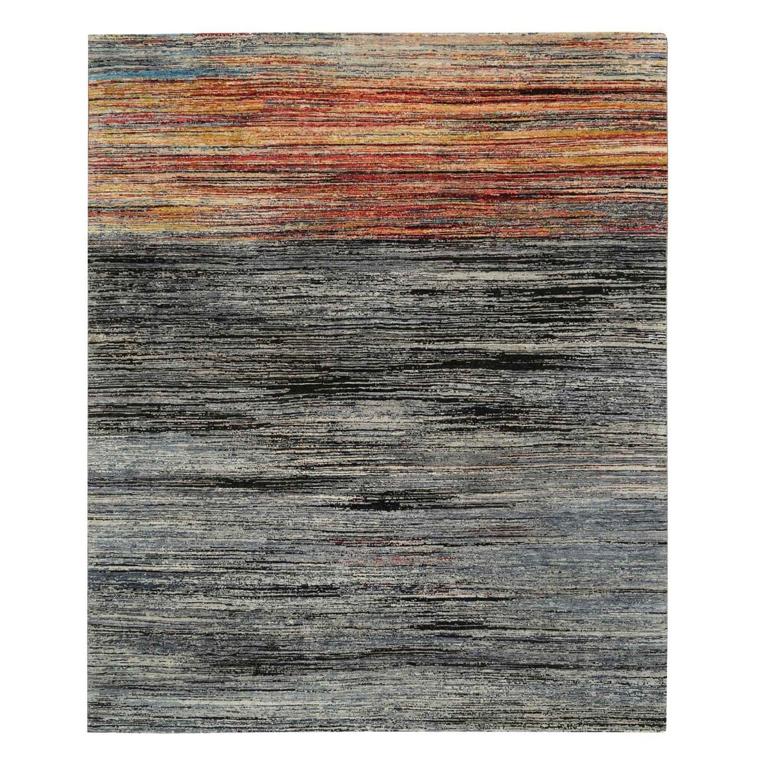8'4"x9'10" Colorful Modern Stripe Design Ghazni Wool Hand Knotted Rug: 8'4"x9'10" Colorful Modern Stripe Design Ghazni Wool Hand Knotted Rug Colorful Modern Stripe Design Ghazni Wool Hand Knotted Rug stands out with its striking black and vibrant red-orange hues, set aga