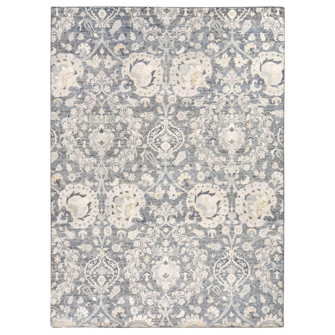 Silk rug design 8'10"x12'2" gray tulip hand knotted wool textured: Silk rug design 8'10"x12'2" gray tulip hand knotted wool textured The 8'10"x12'2" gray tulip hand knotted wool textured rug boasts an intricate, floral design in shades of grey and ivory. Made from a