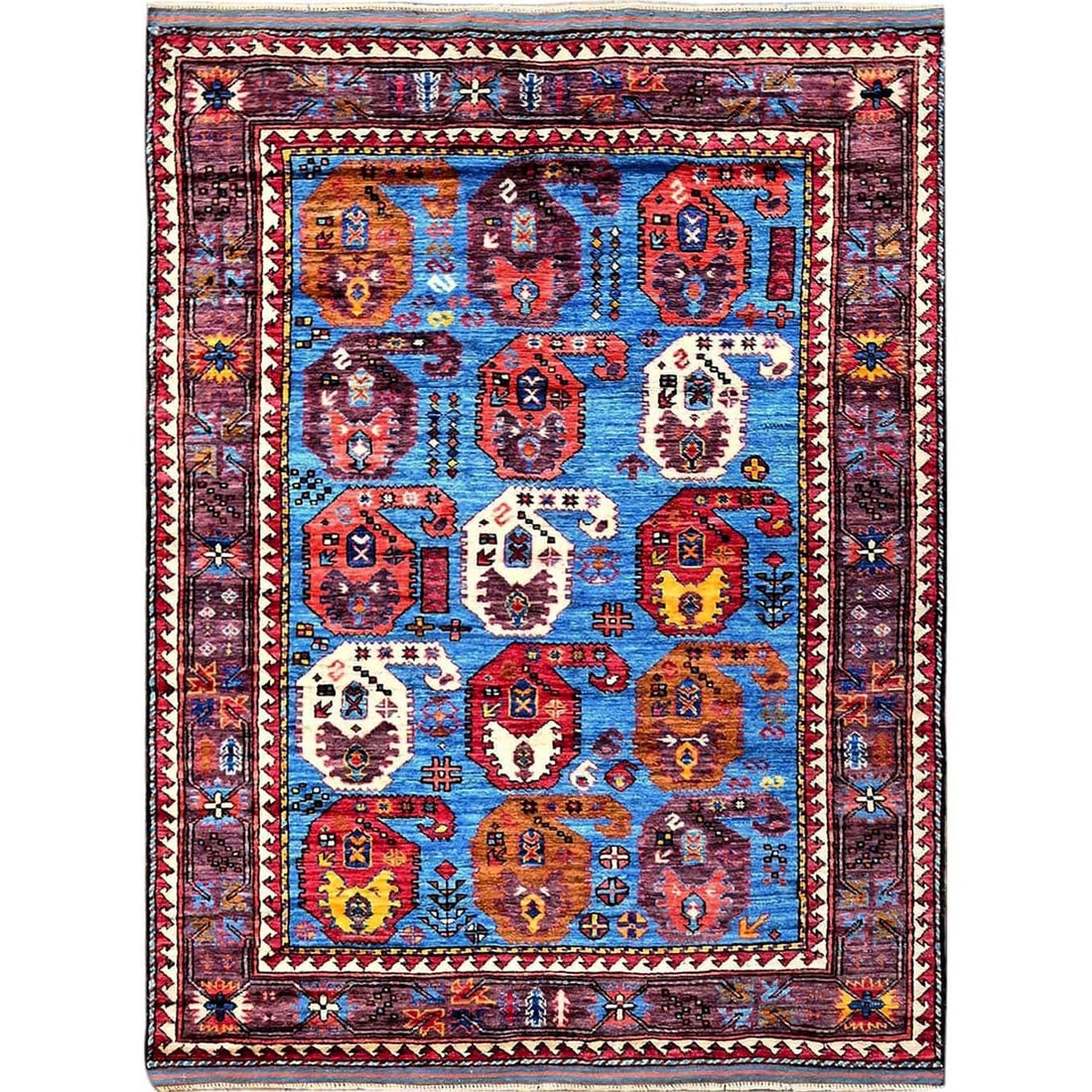 4'3"x5'8" Blue Afghan Caucasian Design Revival Hand Knotted Soft Wool Rug: 4'3"x5'8" Blue Afghan Caucasian Design Revival Hand Knotted Soft Wool Rug Soft and vibrant, this hand-knotted blue Afghan Caucasian design revival wool rug boasts an intricate geometric pattern in