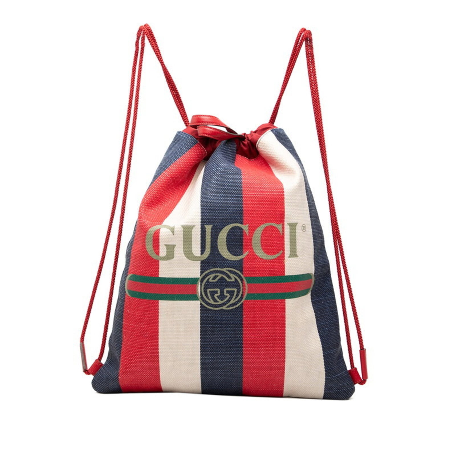Gucci Canvas Backpack: Gucci Canvas Backpack The Gucci Canvas Backpack boasts a vibrant blue, red, and white color scheme, making it a statement piece for any wardrobe. Measuring 44cm x 37cm x 1cm, this stylish backpack is 