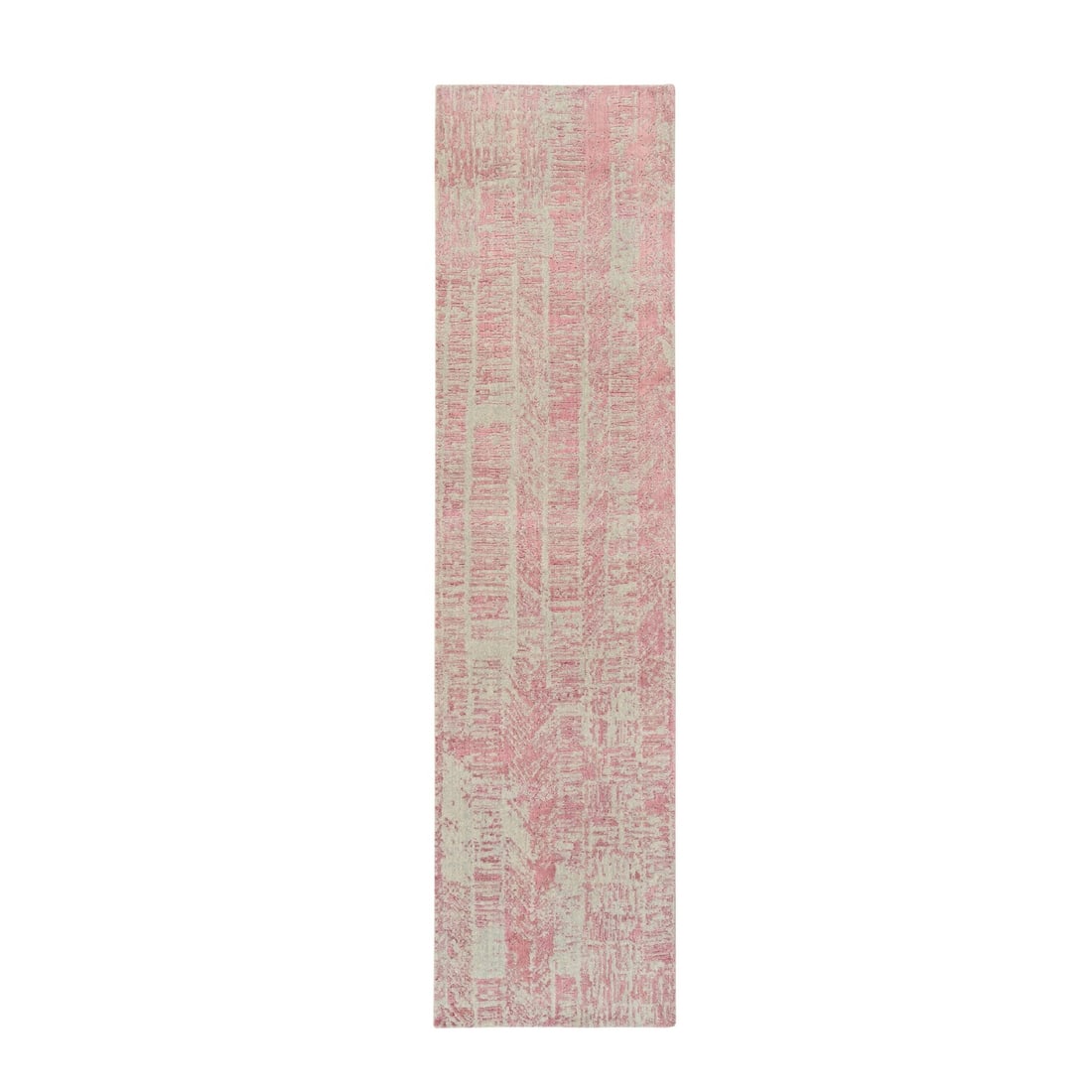 2'6"x10' Rose Pink Wool and Art Silk Jacquard Hand Loomed Runner Rug: 2'6"x10' Rose Pink Wool and Art Silk Jacquard Hand Loomed Runner Rug The Rose Pink Wool and Art Silk Jacquard Hand Loomed Runner Rug boasts a stunning field color with subtle variations, creating a un
