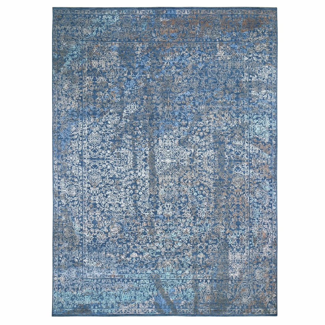 9'x12' Blue Abstract Design Wool And Silk Hand Knotted Oriental Rug: 9'x12' Blue Abstract Design Wool And Silk Hand Knotted Oriental Rug 9'x12' Blue Abstract Design Wool And Silk Hand Knotted Oriental Rug features a striking blue abstract design, woven from wool and si