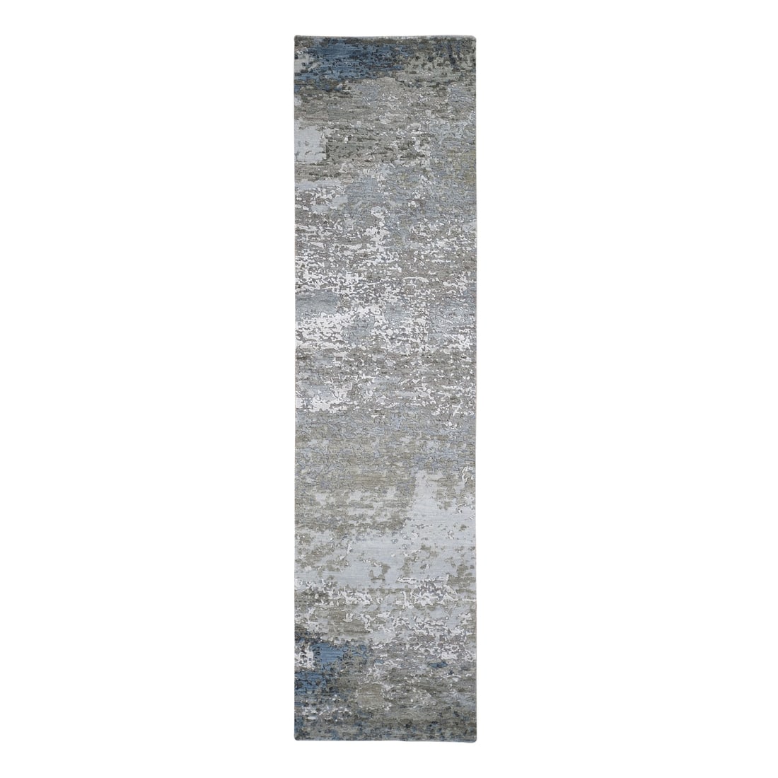 2'6"x10'6" Abstract Design Wool&Silk Hi-Low Pile Hand Knotted Runner Rug: 2'6"x10'6" Abstract Design Wool&Silk Hi-Low Pile Hand Knotted Runner Rug Hand-knotted in wool and silk, this abstract design runner rug boasts an intricate grey field with subtle pops of ivory, navy