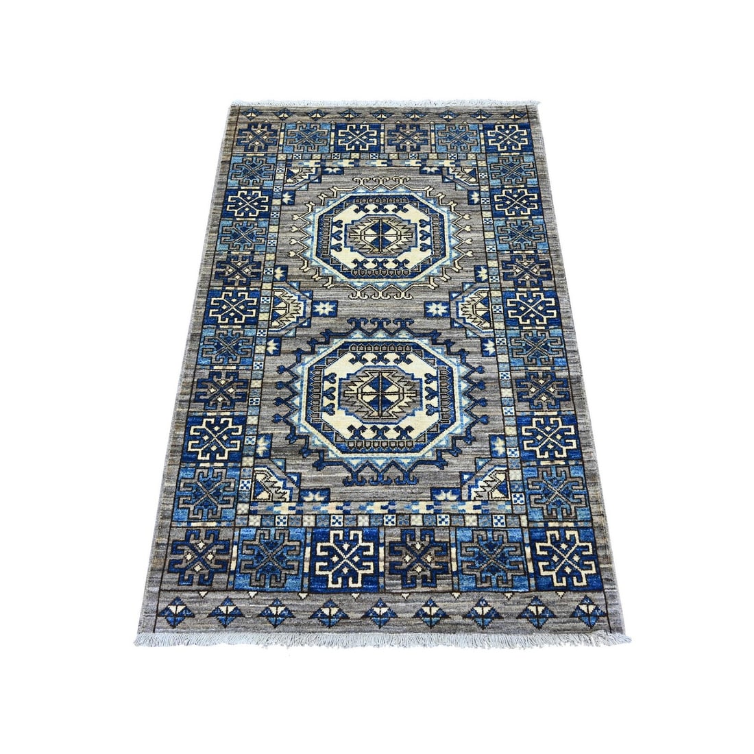 3'x4'8" Gray Afghan Ersari with Elephant Feet Design Hand Knotted Wool Rug: 3'x4'8" Gray Afghan Ersari with Elephant Feet Design Hand Knotted Wool Rug The 3'x4'8" Gray Afghan Ersari with Elephant Feet Design Hand Knotted Wool Rug boasts a stunning geometric pattern inspired