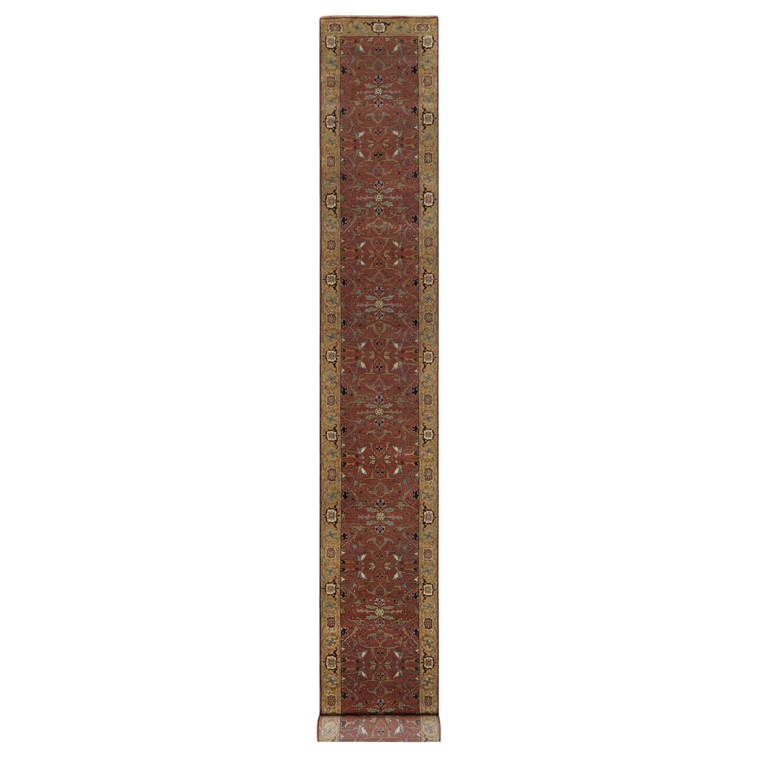2'8"x22'1" Red Fine Heris Re-Creation Wool Hand Knotted XL Runner Rug: 2'8"x22'1" Red Fine Heris Re-Creation Wool Hand Knotted XL Runner Rug The Heris Type Red Fine Wool Hand Knotted XL Runner Rug boasts an all-over regional design in rich red hues, complemented by subtl