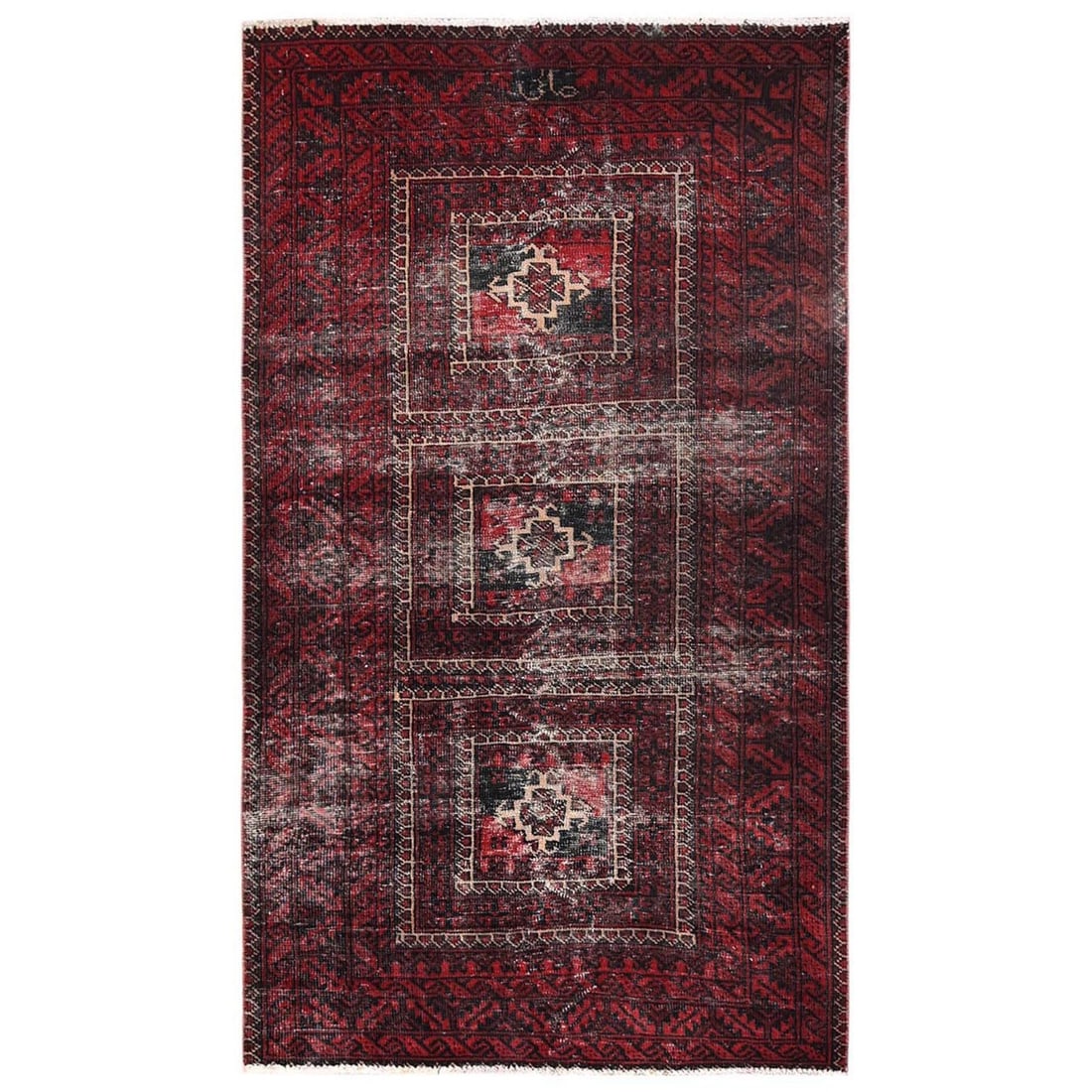 4'1"x7'1" Red Vintage Zoroastrian Baloch Geometric Pattern Hand Knotted Wool: 4'1"x7'1" Red Vintage Zoroastrian Baloch Geometric Pattern Hand Knotted Wool Red Geometric Pattern Hand Knotted Wool Rug. This vibrant, 4'1"x7'1" wool rug features an intricate geometric pattern in a 