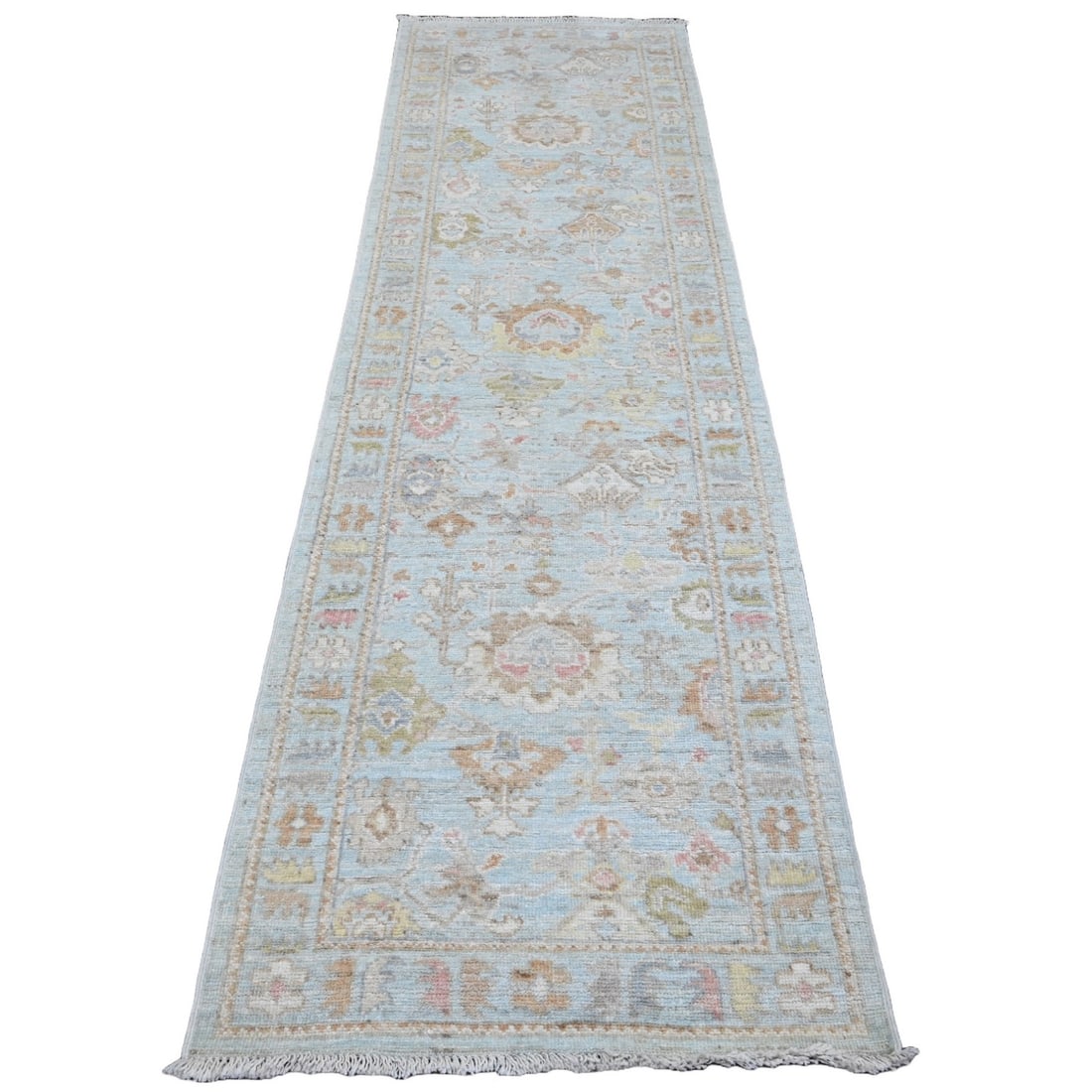 Blue Hand Knotted Wool Angora Runner Rug 2'9"x9'10" Leaf Design: Blue Hand Knotted Wool Angora Runner Rug 2'9"x9'10" Leaf Design Hand-knotted in wool, this stunning Blue Oushak-style runner rug boasts an intricate leaf design against a rich blue field. Measuring 2'