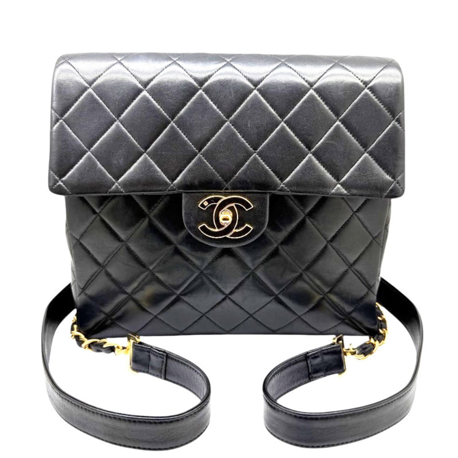 Leather Backpack By Chanel: Leather Backpack By Chanel Black leather backpack with gold hardware, made from lambskin. This classic Chanel design measures 23cm x 24cm x 8cm and features a timeless black color. Item Specifics: Bra
