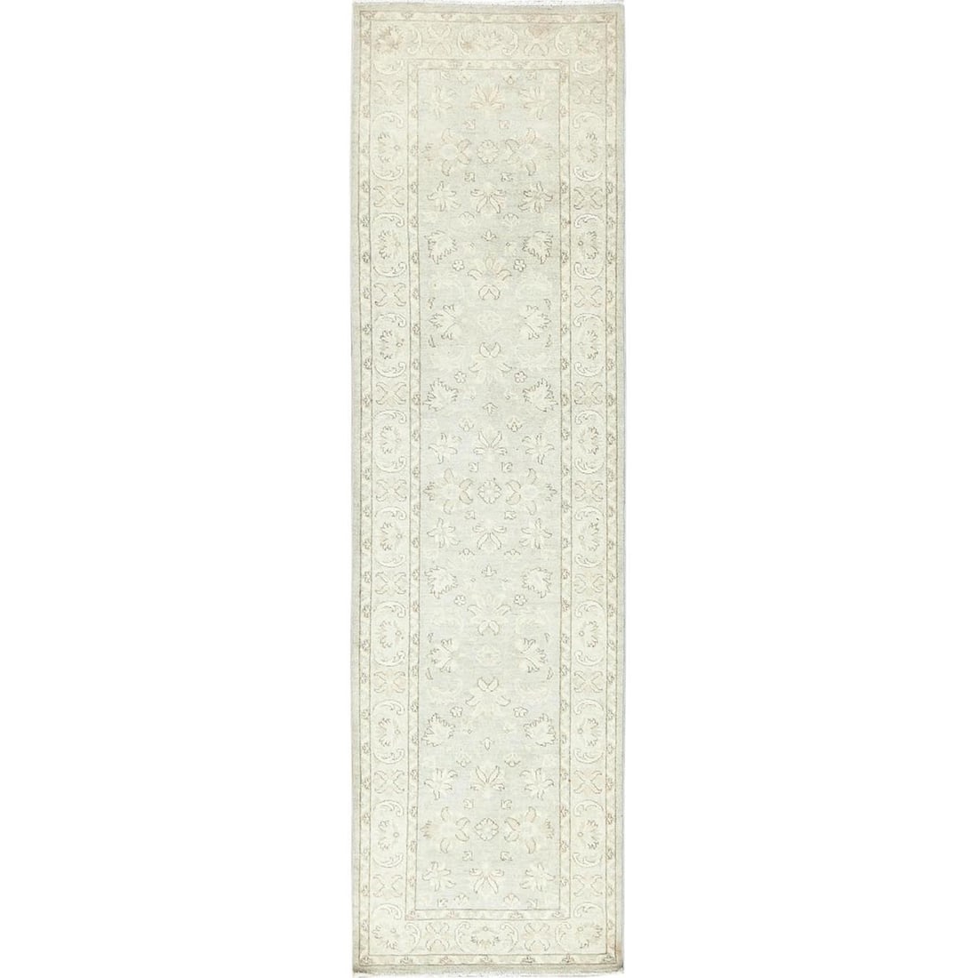 2'9"x9'7" Ivory Hand Knotted Afghan Stone Washed Peshawar Wool Runner Rug: 2'9"x9'7" Ivory Hand Knotted Afghan Stone Washed Peshawar Wool Runner Rug Hand-knotted with precision, this stunning Peshawar-style rug boasts an ivory field and subtle brown accents, set against a ri