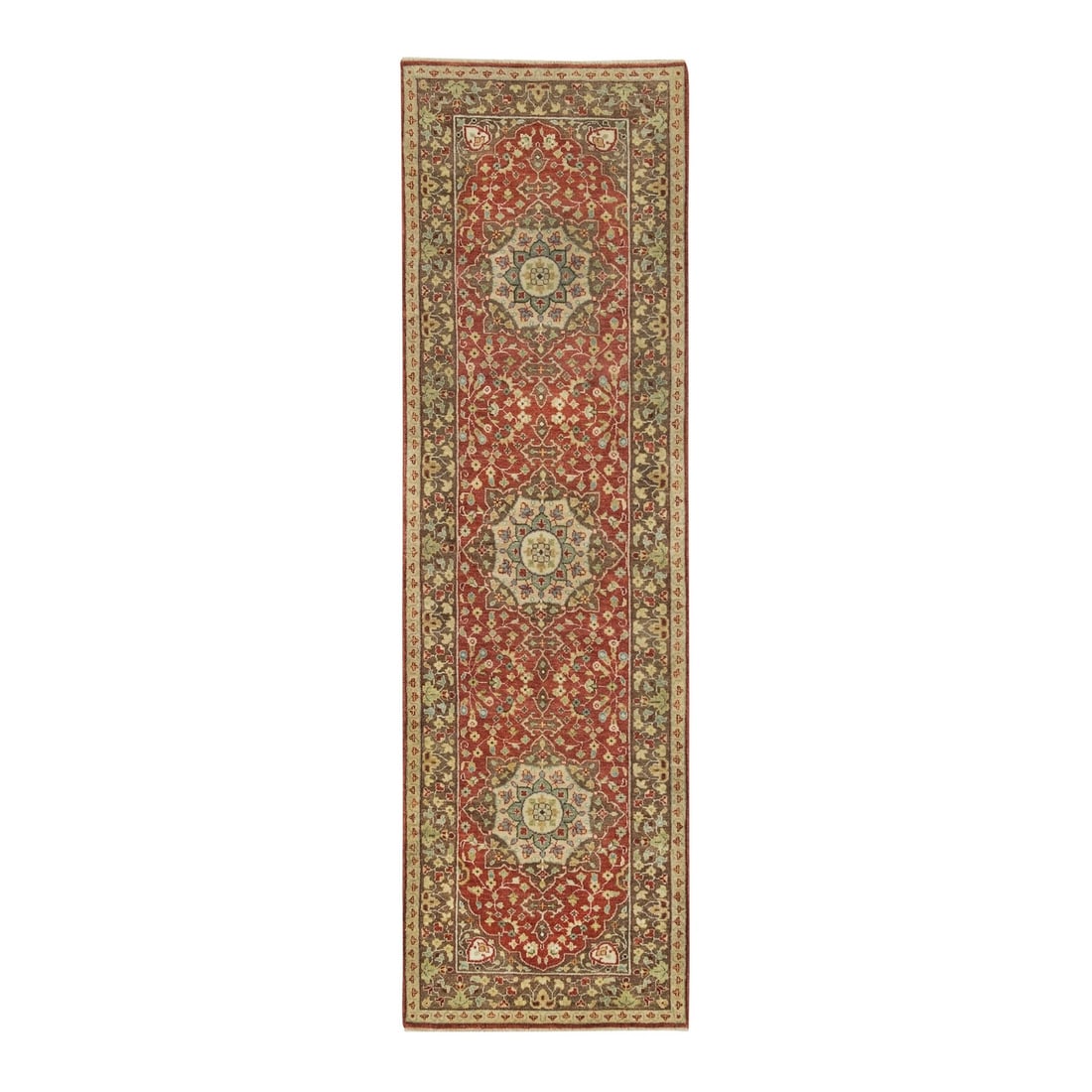 2'6"x8'3" Rust & Brown Antiqued Haji Design Hand Knotted Wool Runner Rug: 2'6"x8'3" Rust & Brown Antiqued Haji Design Hand Knotted Wool Runner Rug Hand-knotted in wool, this 2'6"x8'3" Tebraz rug boasts an intricate Haji design in warm, earthy tones. The subtle rust and brow