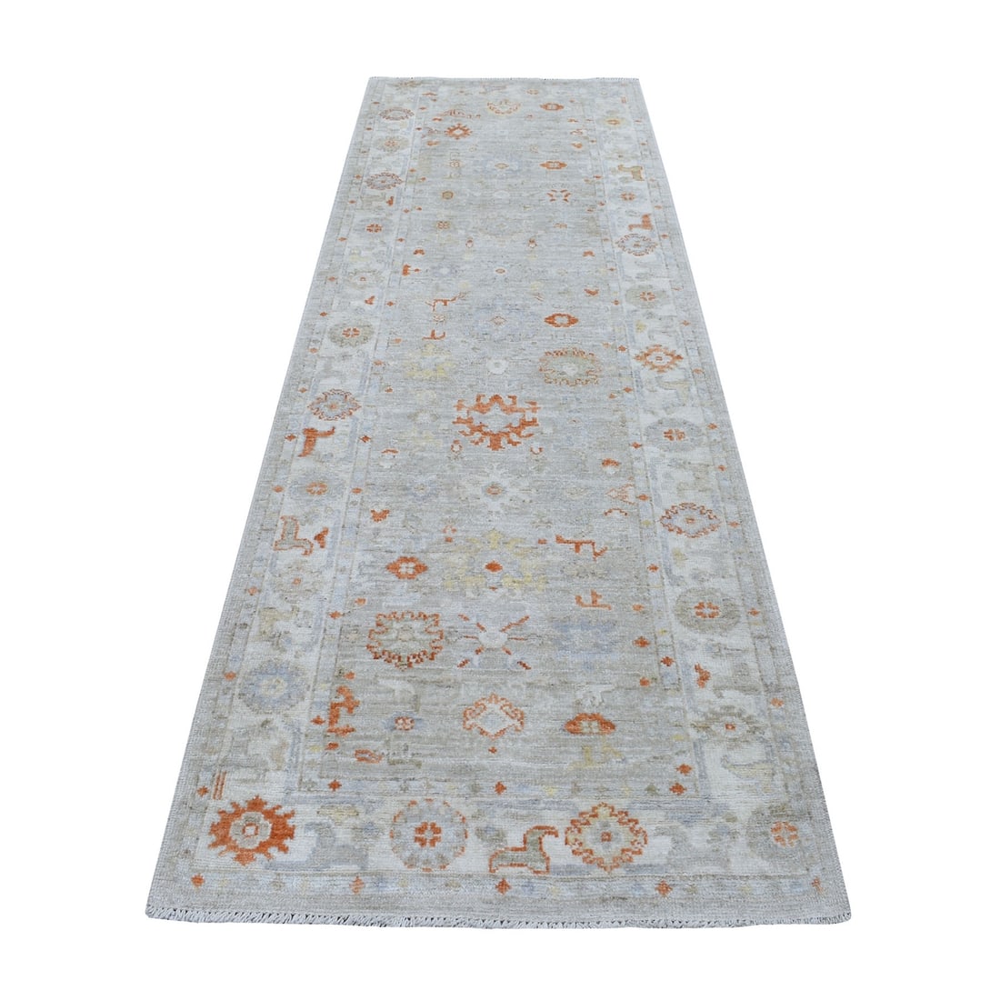 3'2"x9'7" Cream Color Soft and Supple Wool Hand Knotted Angora Oushak Rug: 3'2"x9'7" Cream Color Soft and Supple Wool Hand Knotted Angora Oushak Rug Soft and supple to the touch, this cream-colored Angora Oushak rug boasts a unique blend of texture and color. Measuring 3'2" 
